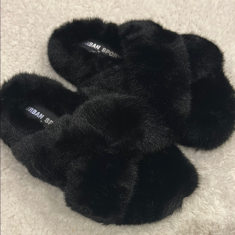 J Slides Black Plush Slippers Cozy Indoor Footwear
